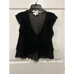 La Peche Womens Black Swiss Dot Sheer Ruffle Peplum Tie Front Top XS NEW